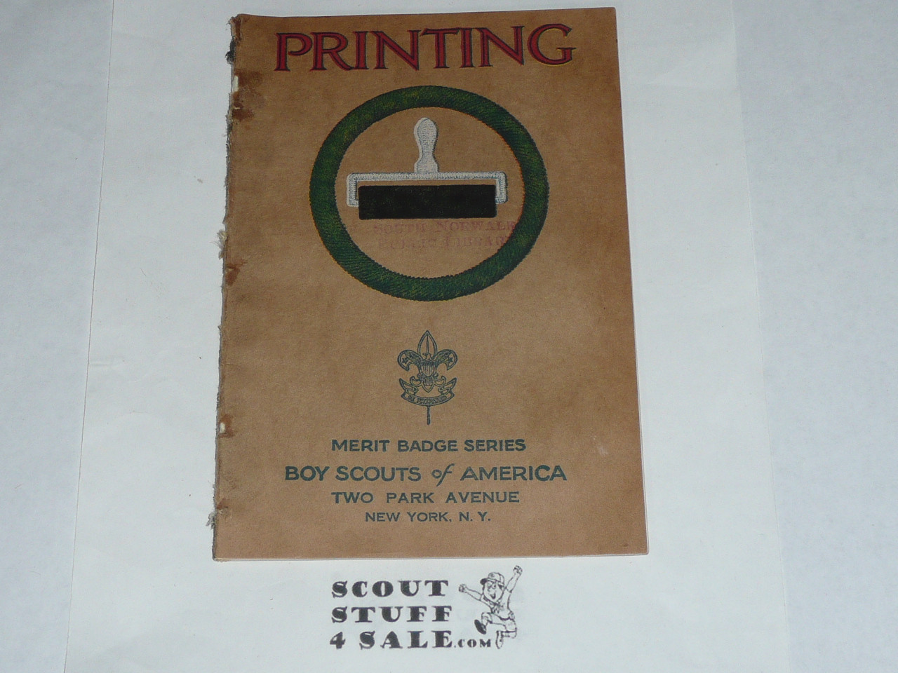 Printing Merit Badge Pamphlet, Type 3, Tan Cover, 11-40 Printing, some spine wear from library binding but book is solid