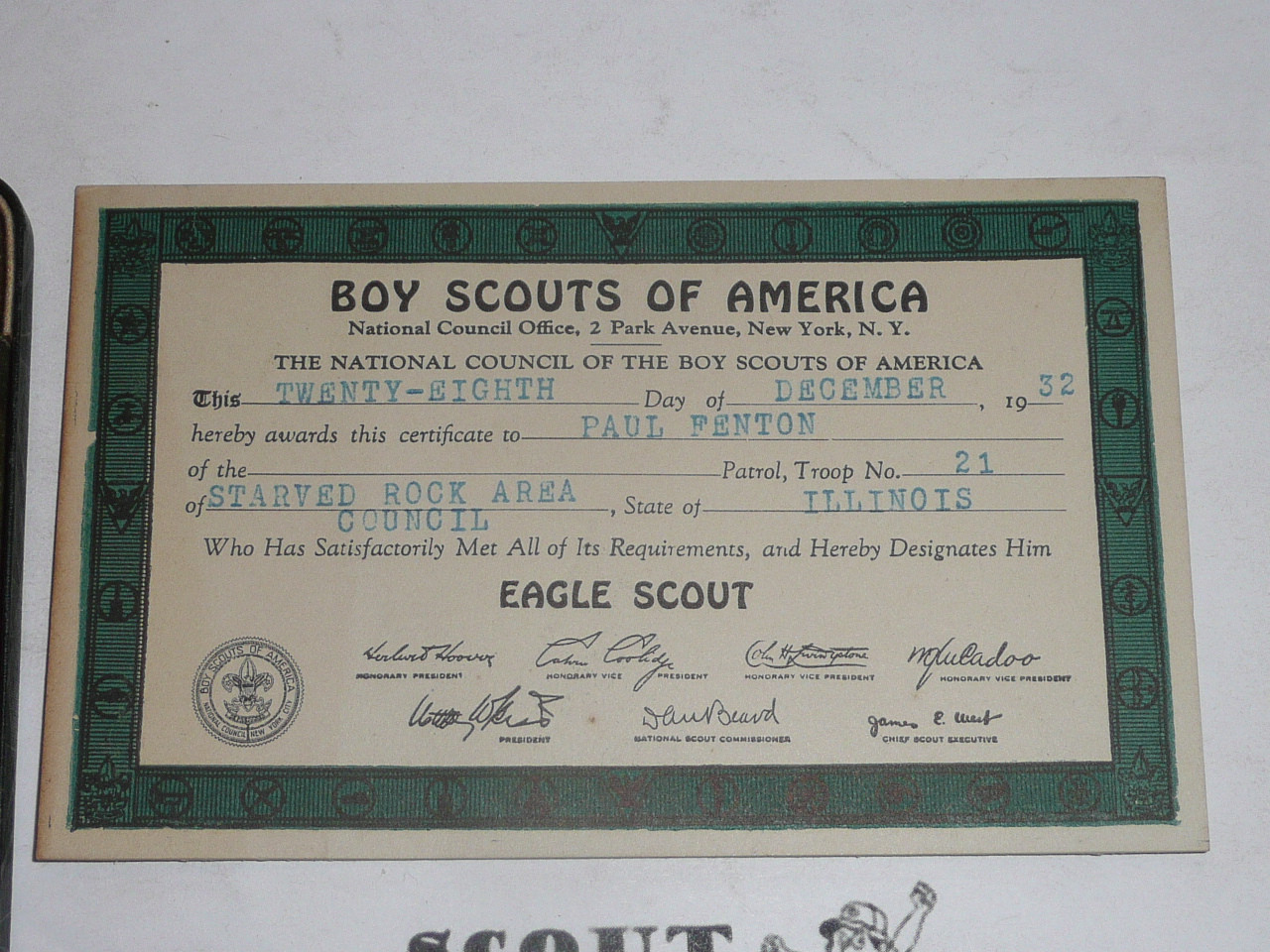 Eagle Scout Medal, Robbins 2B, 1930-1933, Finely Detailed front, wear/fade to ribbon, includes Eagle Scout Card