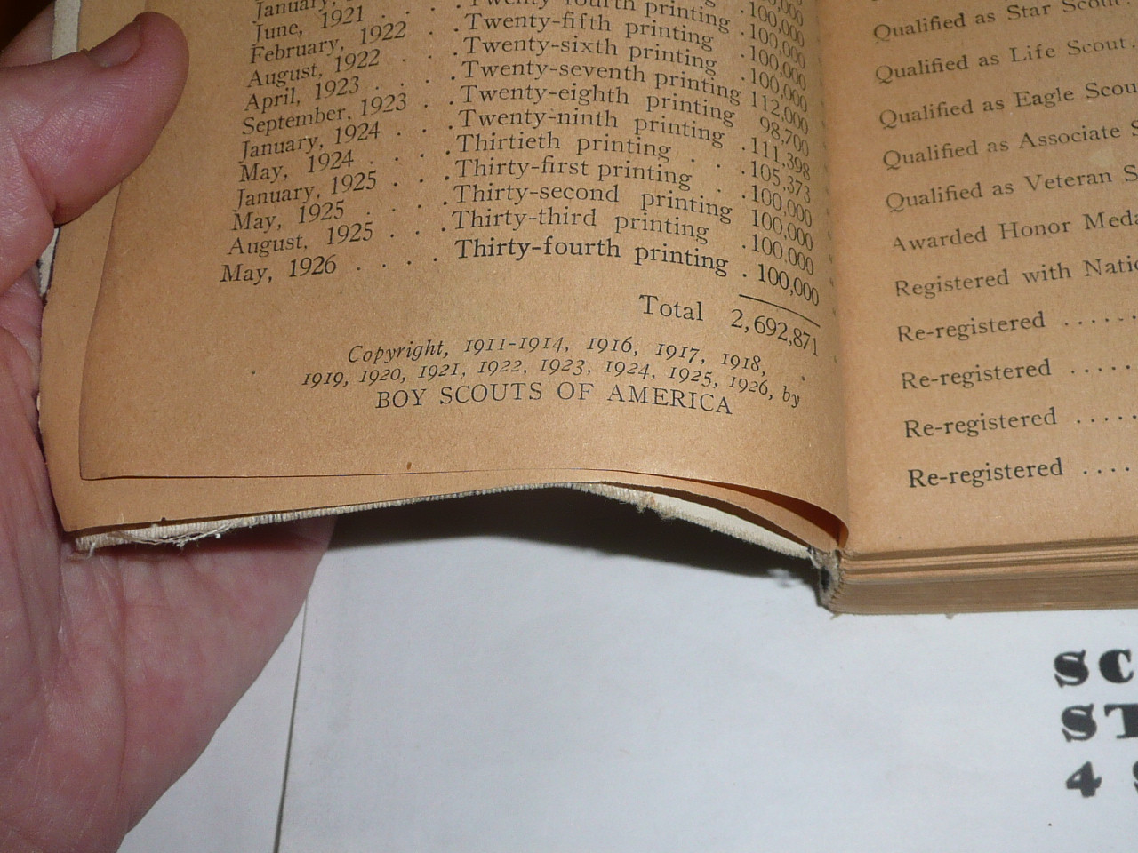 1926 Boy Scout Handbook, Second Edition, Thirty-fourth Printing, spine and cover wear but the binding is solid #2