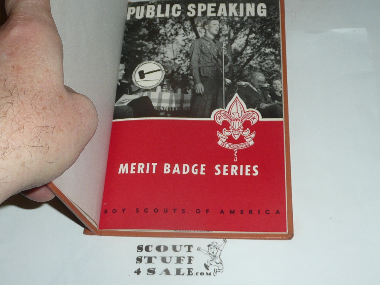 Public Speaking Library Bound Merit Badge Pamphlet, Type 6, Picture Top Red Bottom Cover, 10-52 Printing