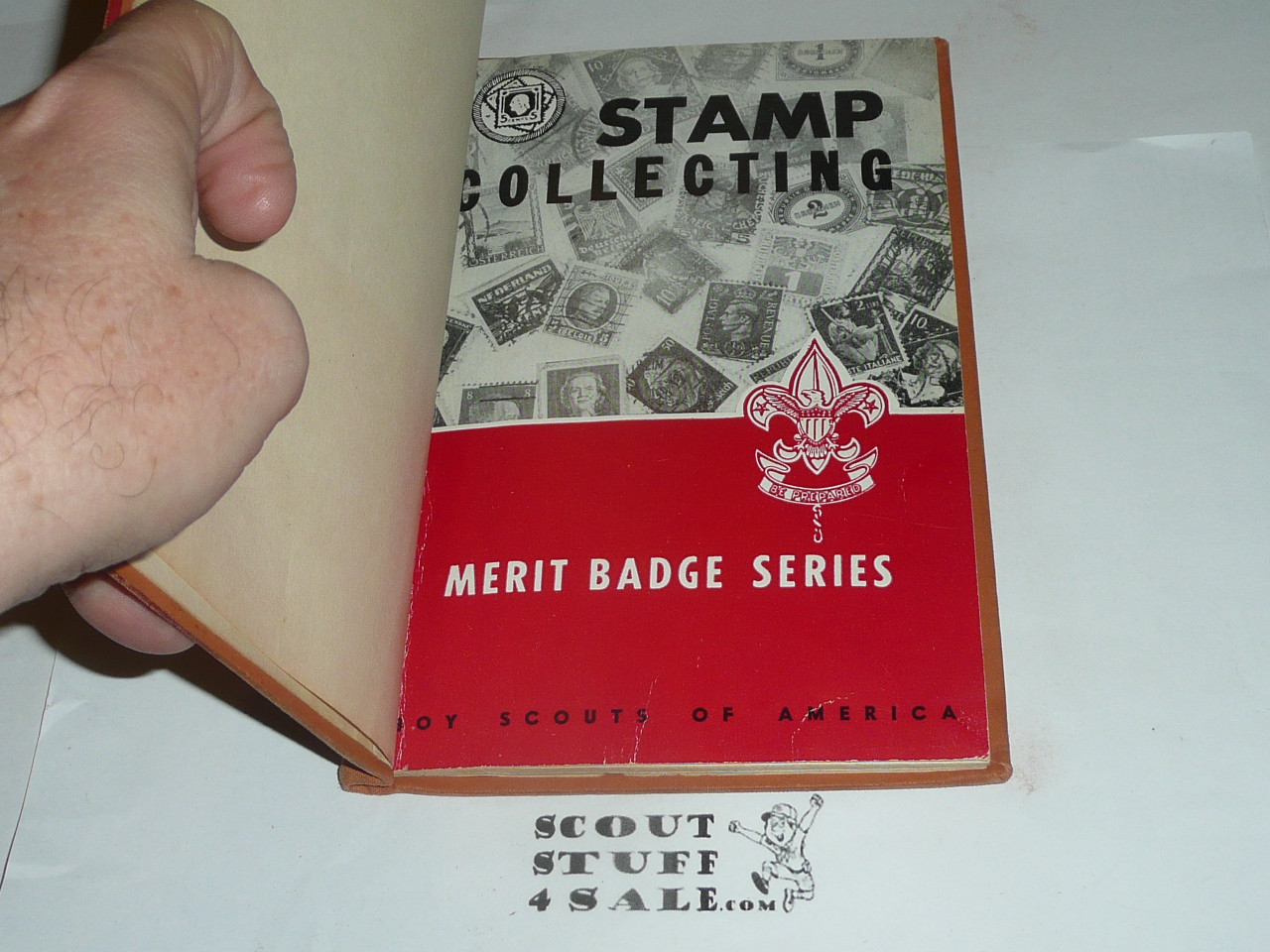 Stamp Collecting Library Bound Merit Badge Pamphlet, Type 6, Picture Top Red Bottom Cover, 11-56 Printing