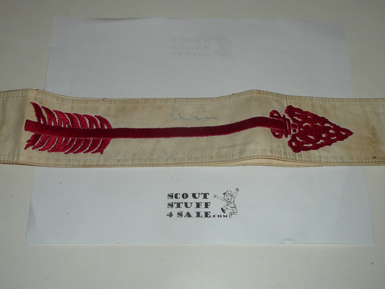 1960's Embroidered On Twill Ordeal Order of the Arrow Sash, Medium Weight Twill, Double Row Edged Stitching, Used Condition, Signed by Goodman