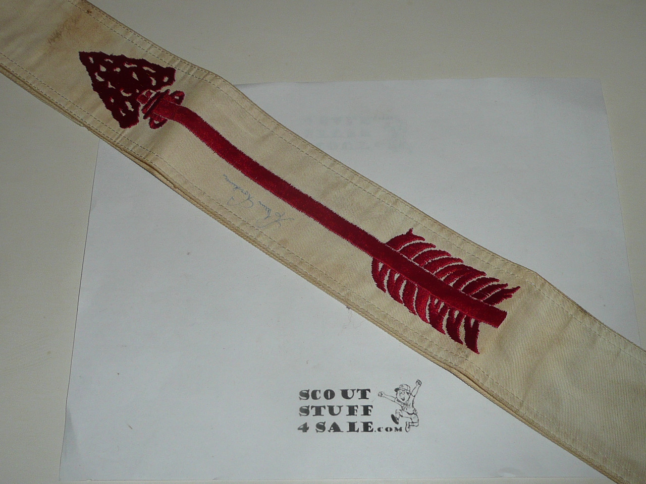 1960's Embroidered On Twill Ordeal Order of the Arrow Sash, Medium Weight Twill, Double Row Edged Stitching, Used Condition, Signed by Goodman