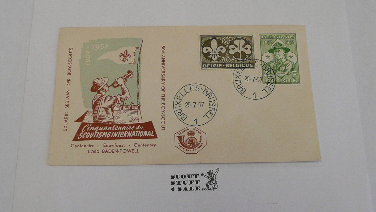 1957 Belgium 50th Anniversary World Scouting Envelope with Scout Stamps