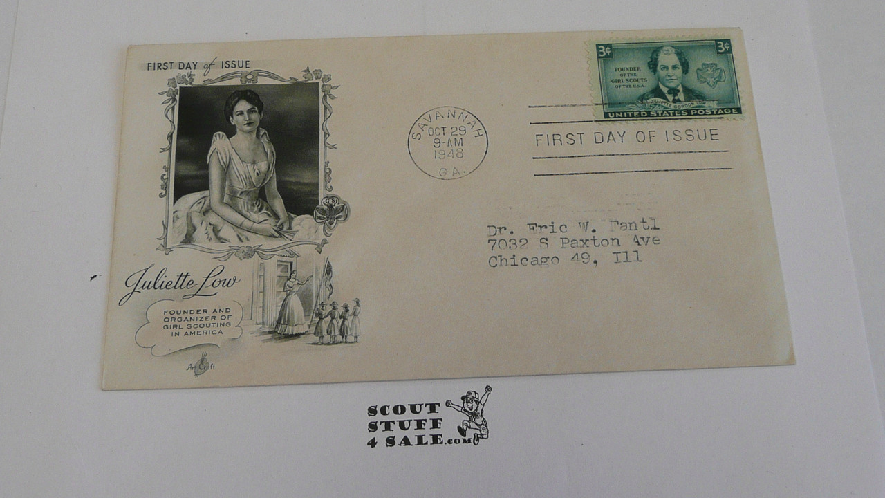 1948 Girl Scouts USA Honoring Juliette Low FDC Envelope with 3 cent GS Stamp and special cancellation, variety 3