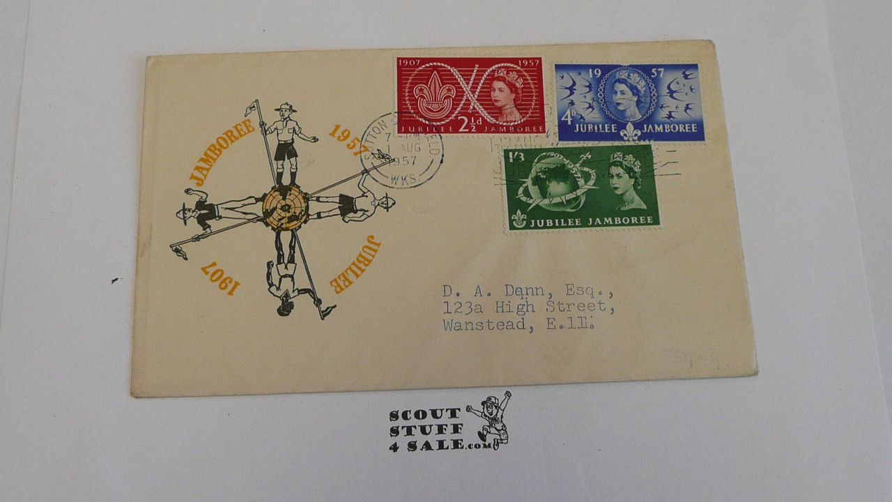 1957 World Jamboree Envelope with site cancellation and 3 special UK stamps