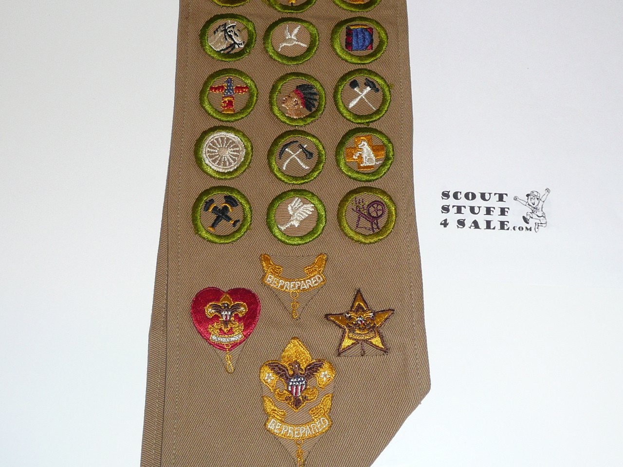 1930's Boy Scout Merit Badge Sash with 31 square merit badges and early Rank Patches, #FB2