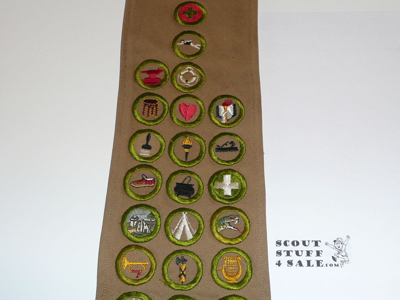 1930's Boy Scout Merit Badge Sash with 31 square merit badges and early Rank Patches, #FB2