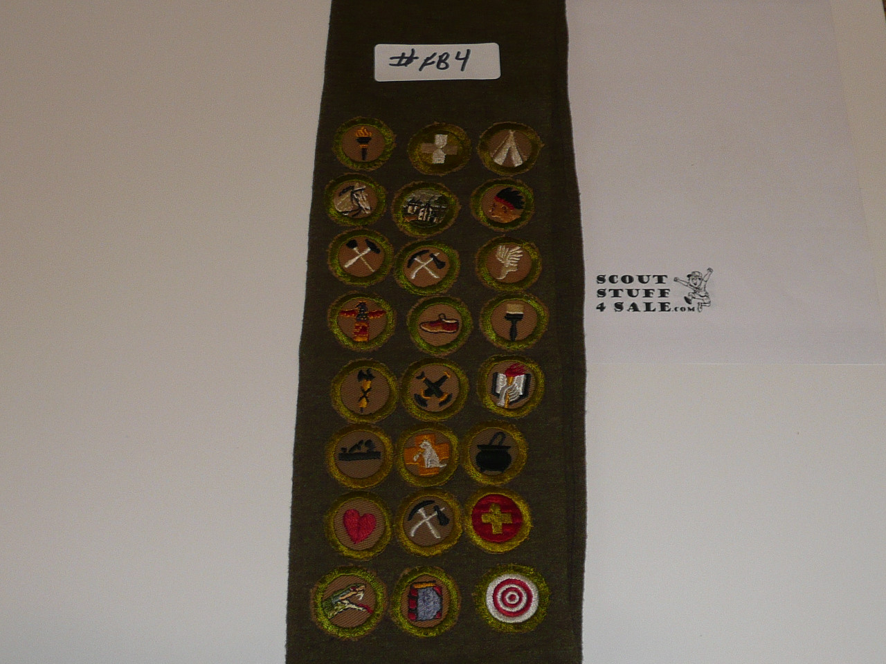 1930's Boy Scout Merit Badge Sash with 24 square merit badges, #FB4