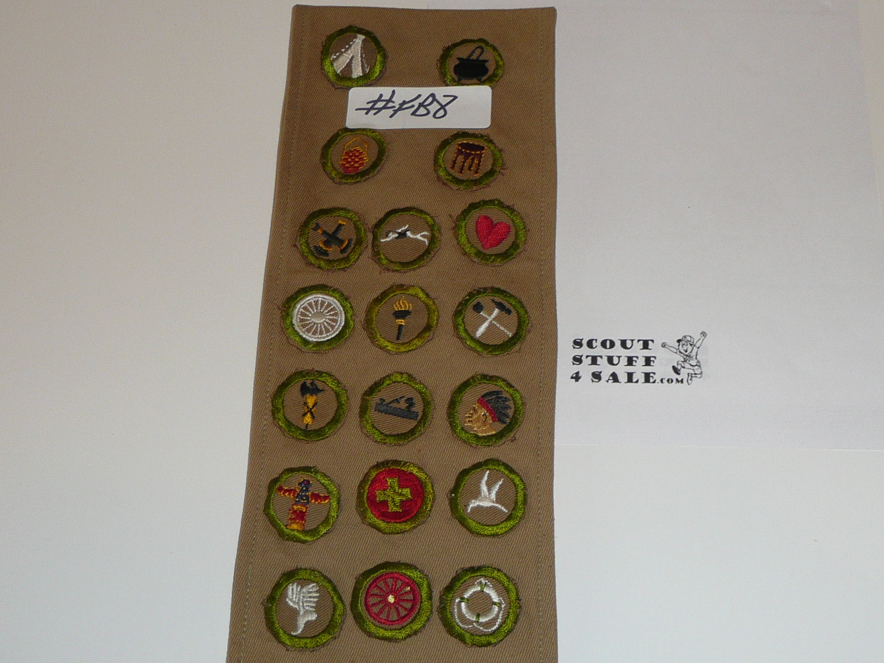 1930's Boy Scout Merit Badge Sash with 21 square merit badges and 2 early rank patches, #FB8