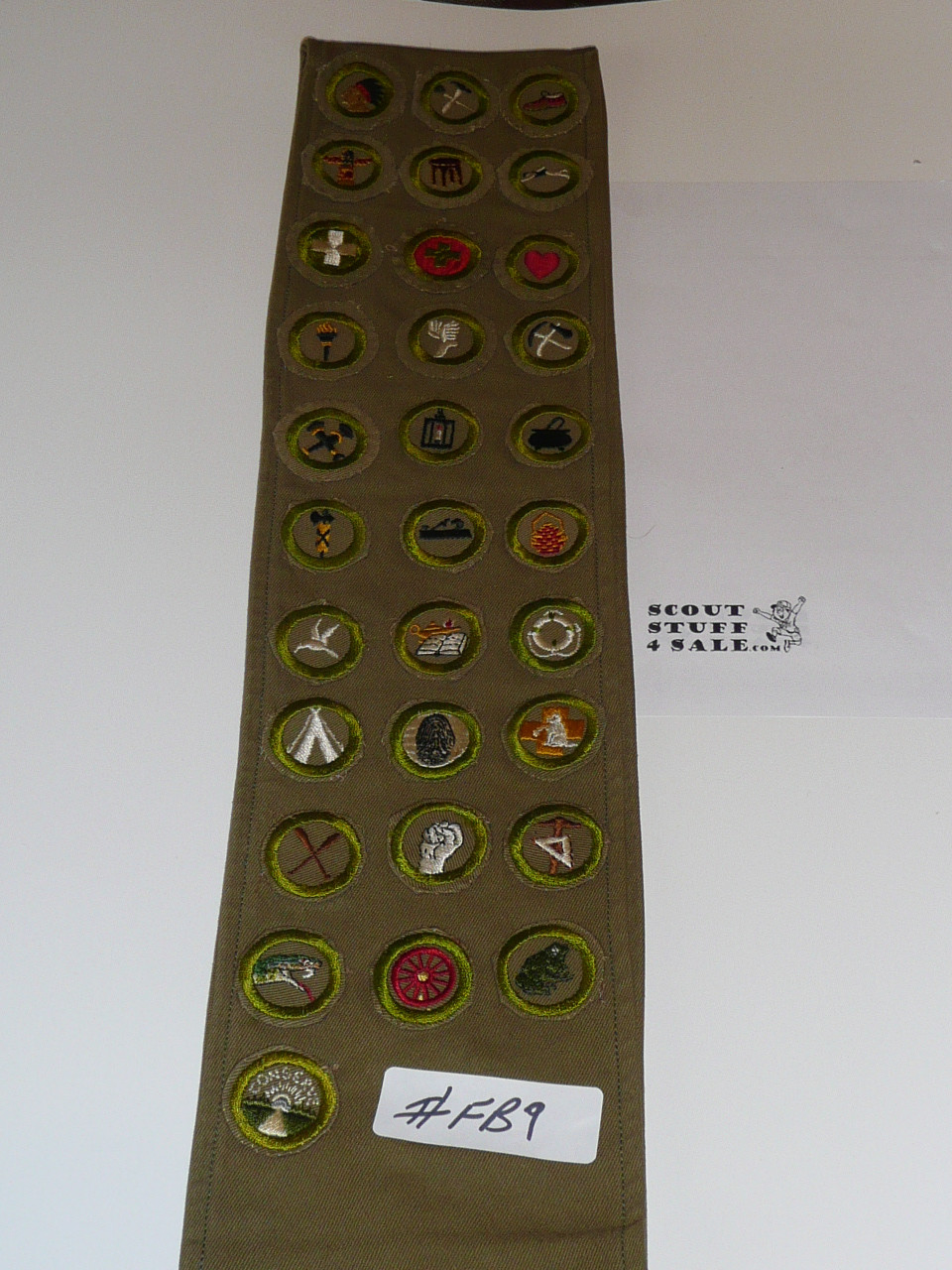 1940's Boy Scout Merit Badge Sash with 12 wide crimped & 19 crimped merit badges, #FB9
