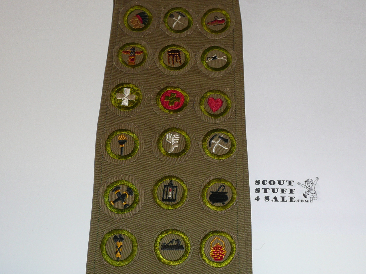 1940's Boy Scout Merit Badge Sash with 12 wide crimped & 19 crimped merit badges, #FB9