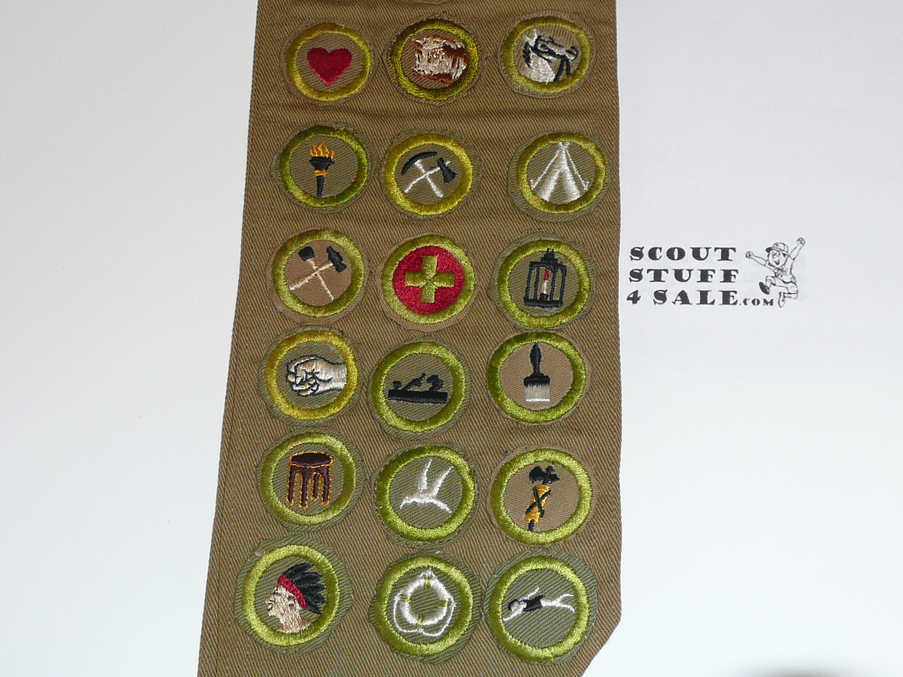 1940's Boy Scout Merit Badge Sash with 24  (crimped, fine twill and tan cr.) merit badges, fine twill star and life, Eagle patch, other ranks and tons of Kansas City Event/camp, #FB16