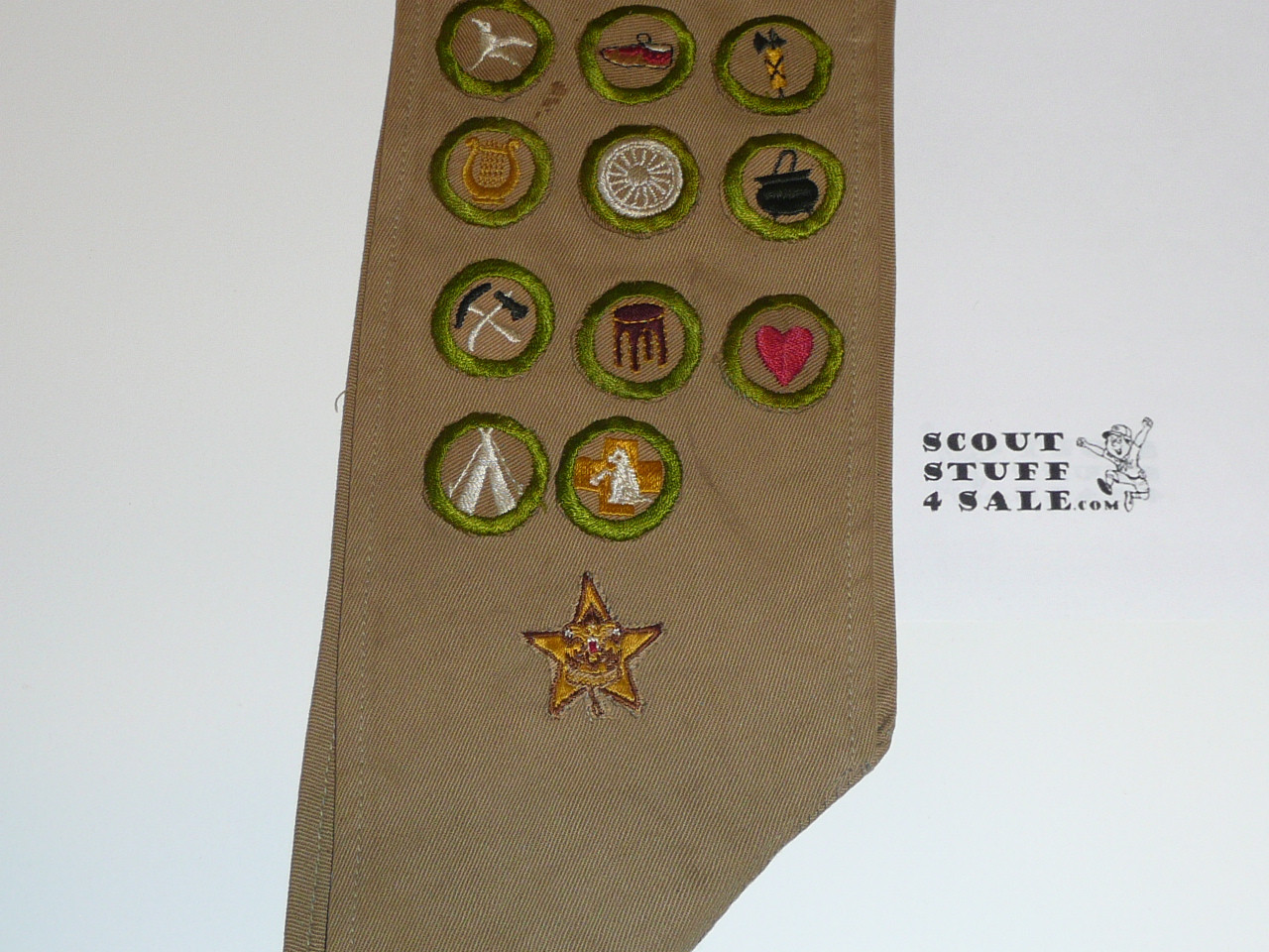 1940's Boy Scout Merit Badge Sash with 22 crimped merit badges and a Star Rank Patch, #FB22