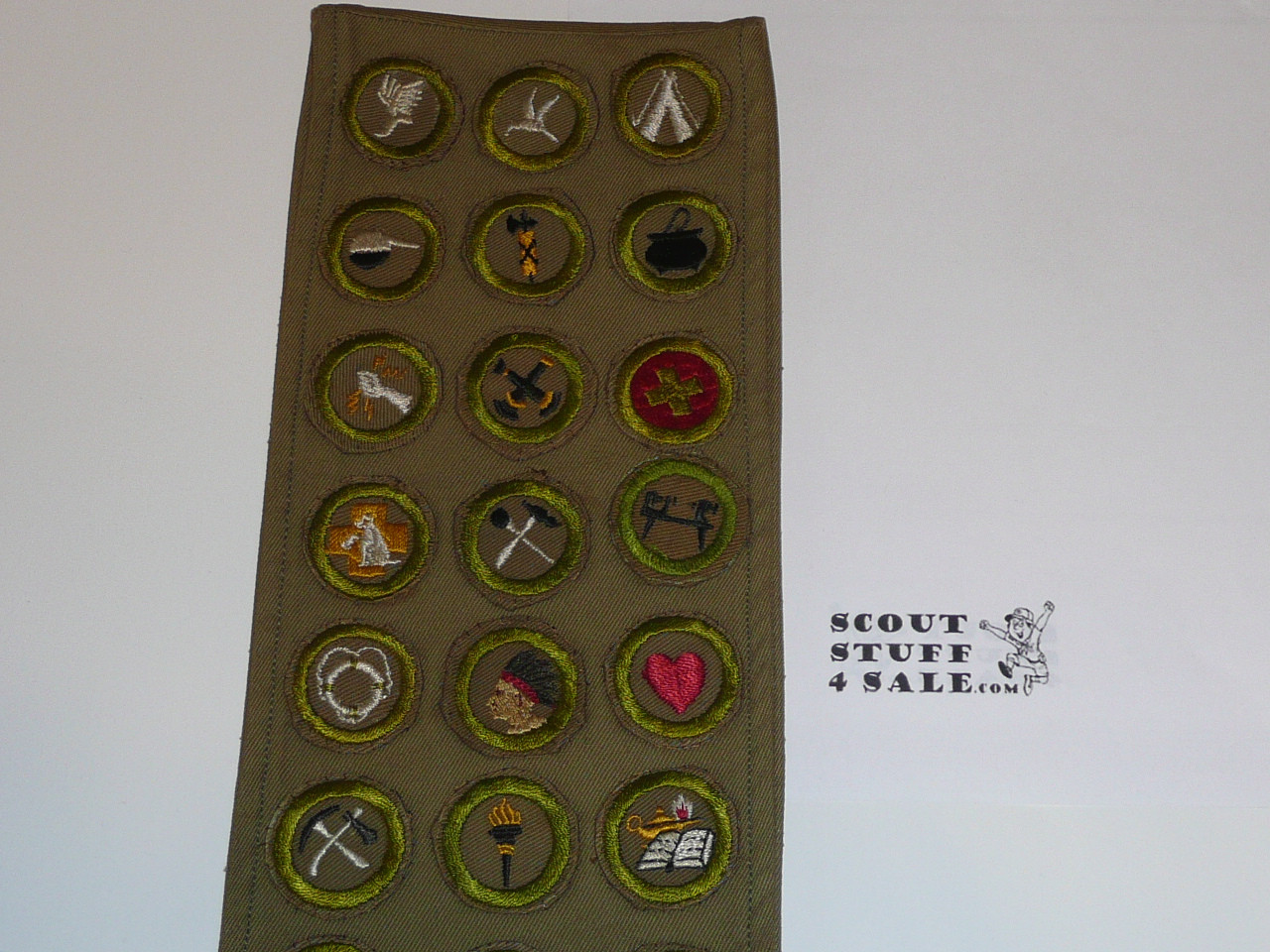 1940's Boy Scout Merit Badge Sash with 26 crimped merit badges and early Rank Patches, #FB26