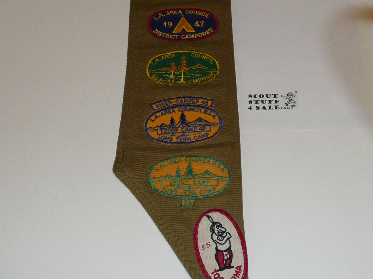 1940's Boy Scout Merit Badge Sash with 16 crimped merit badges, Sateen LAAC Camp Patches, Rank/Position Patches and a Los Angeles Kh/Red Strip, 1950 NJ LAAC JSP and more, #FB28