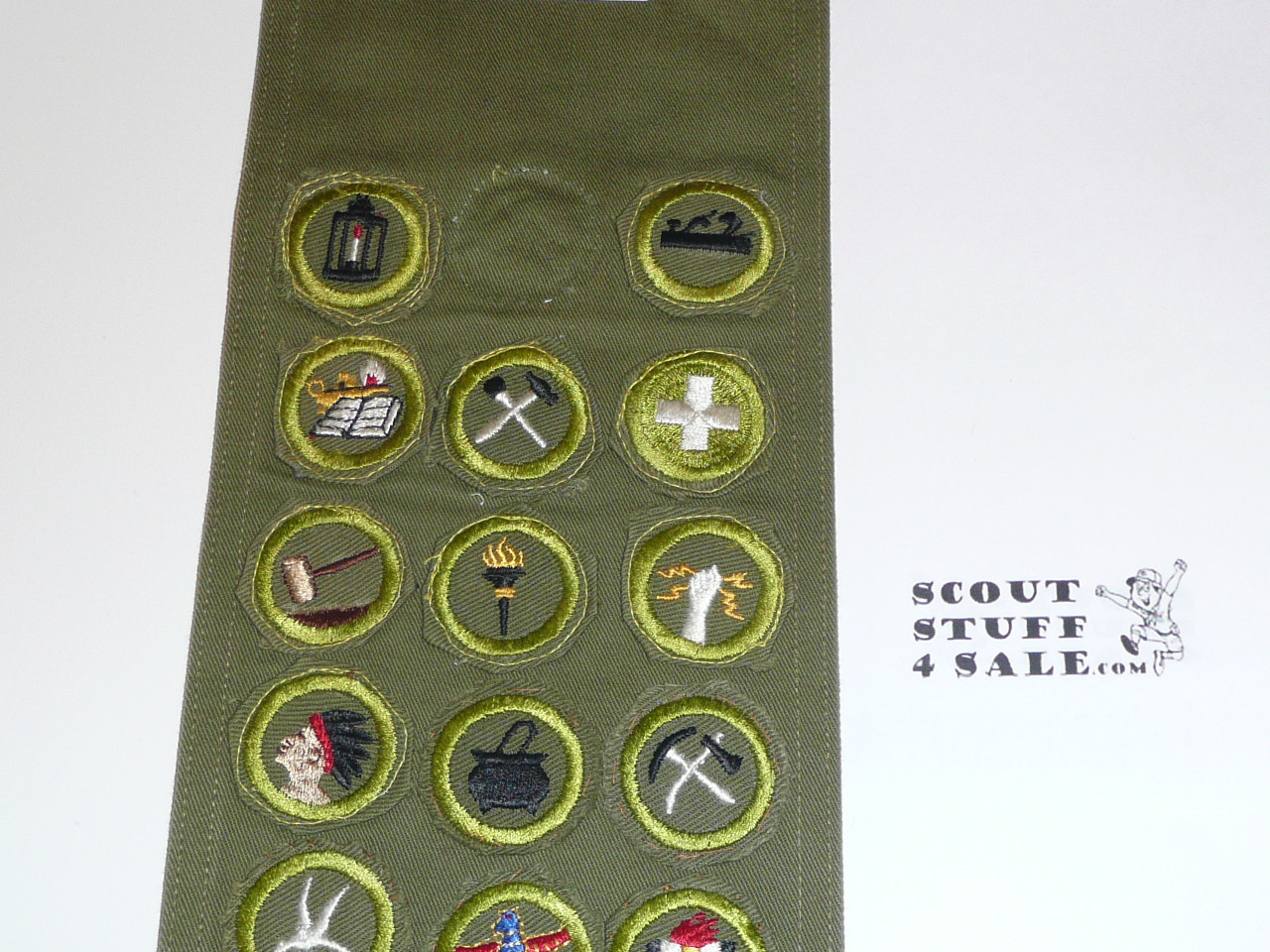 1950's Boy Scout Merit Badge Sash with 26 Khaki Crimped Merit badges, #FB30
