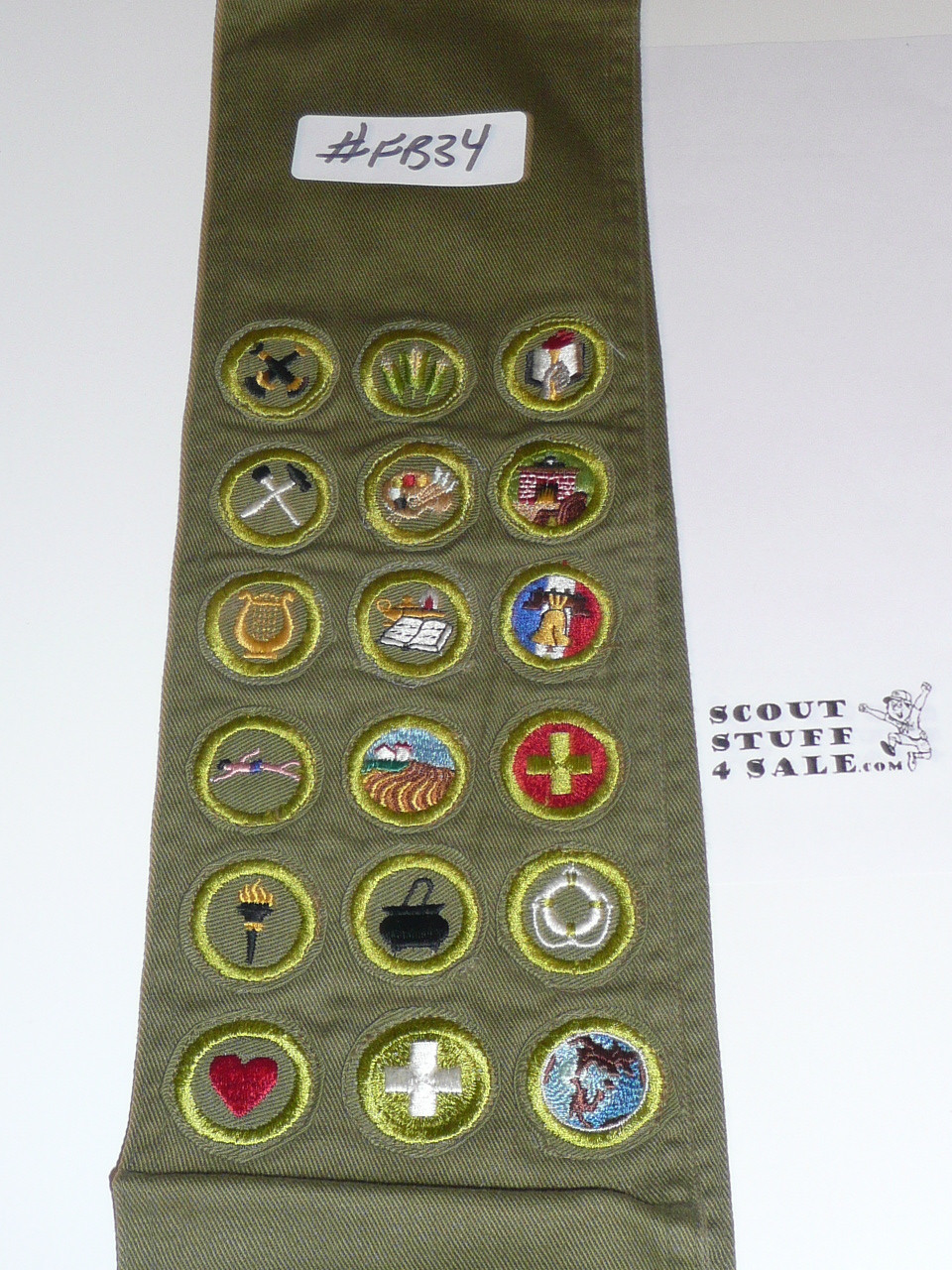 1950's Boy Scout Merit Badge Sash with 18 Khaki Crimped Merit badges, #FB34