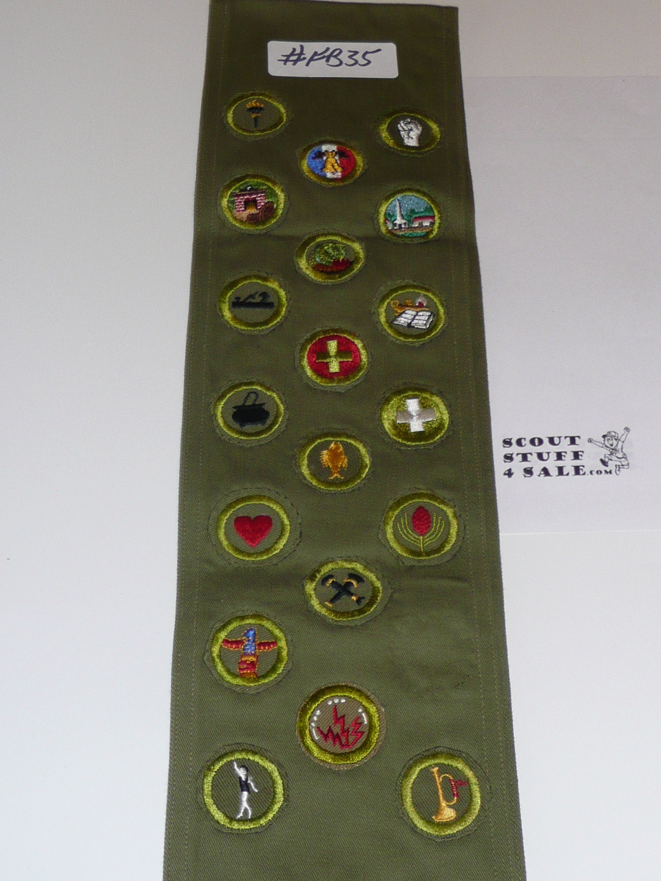 1950's Boy Scout Merit Badge Sash with 18 Khaki Crimped Merit badges, #FB35