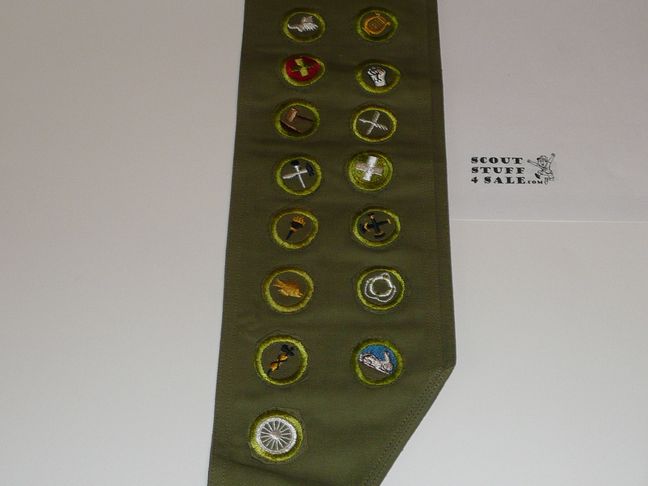 1950's Boy Scout Merit Badge Sash with 25 Khaki Crimped Merit badges, #FB36