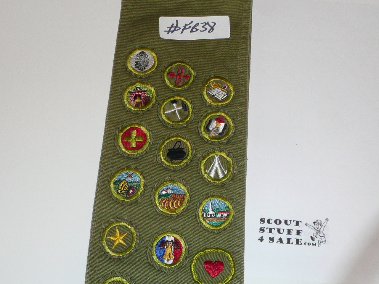 1950-60's Boy Scout Merit Badge Sash with 26 Khaki Crimped/ R/e Twill Merit badges, #FB38