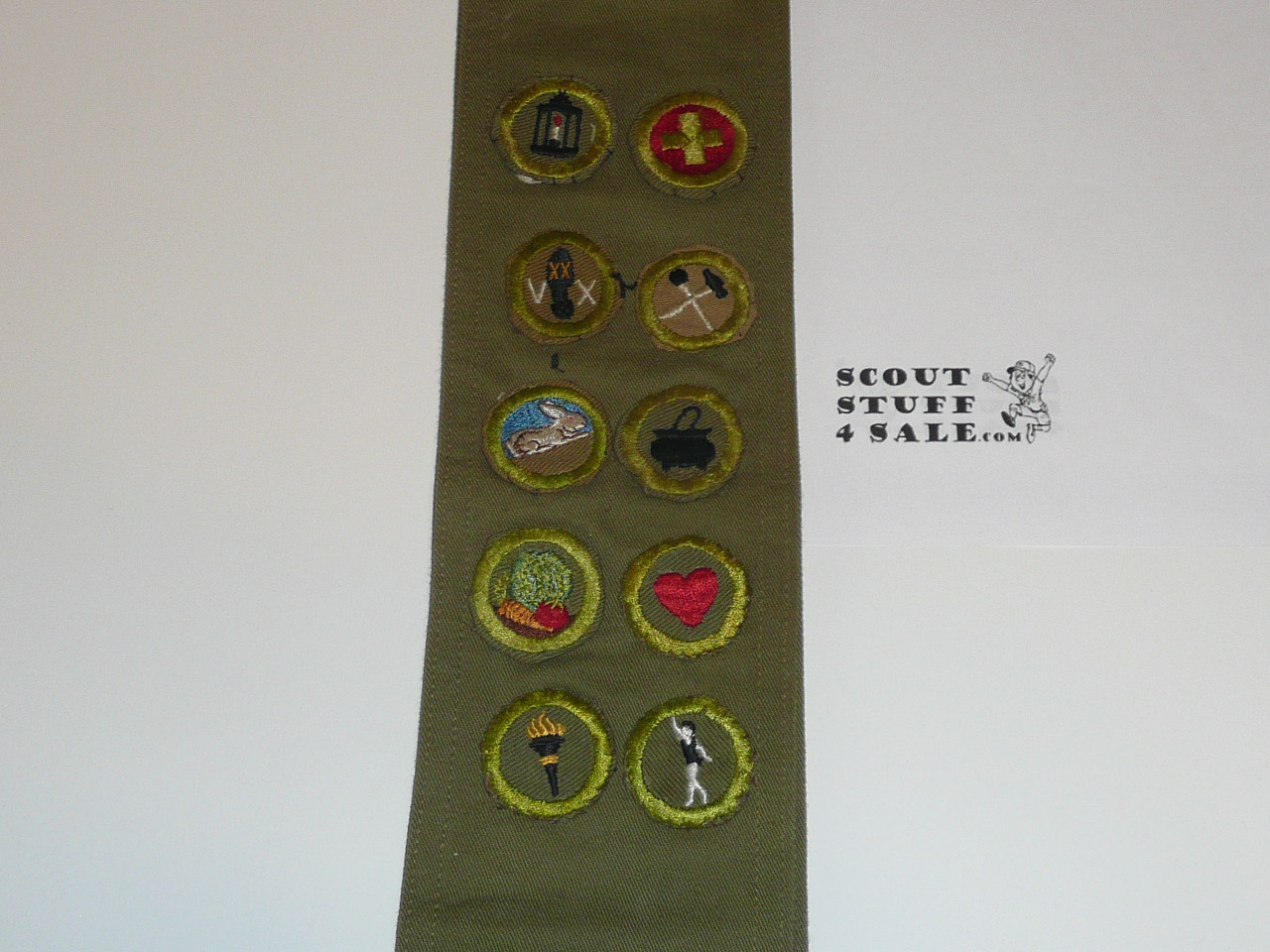 1940's Boy Scout Merit Badge Sash with 10 Tan/Khaki crimped merit badges, #FB42