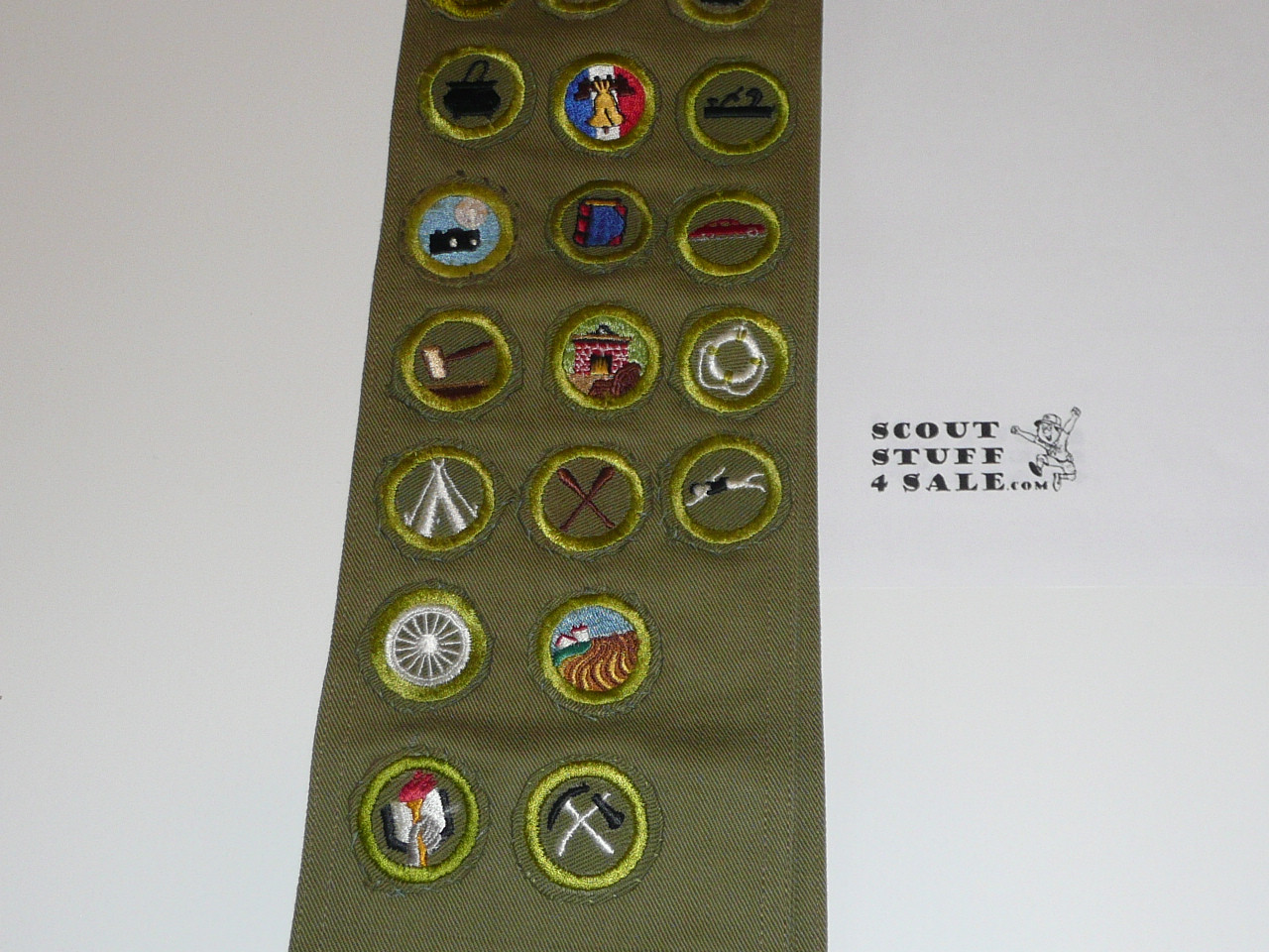 1950's Boy Scout Merit Badge Sash with 28 Khaki Crimped Merit Badges, #FB45