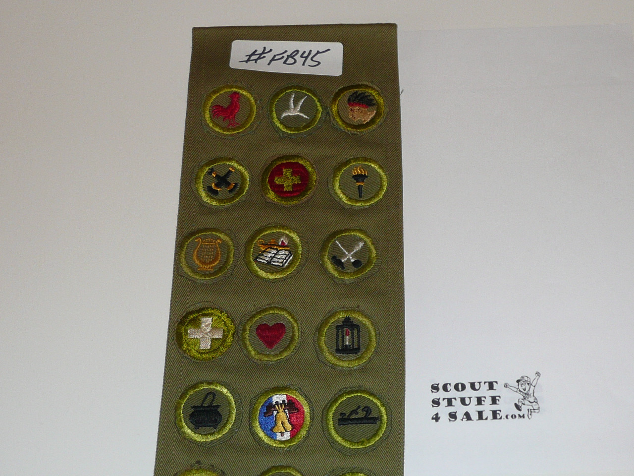 1950's Boy Scout Merit Badge Sash with 28 Khaki Crimped Merit Badges, #FB45