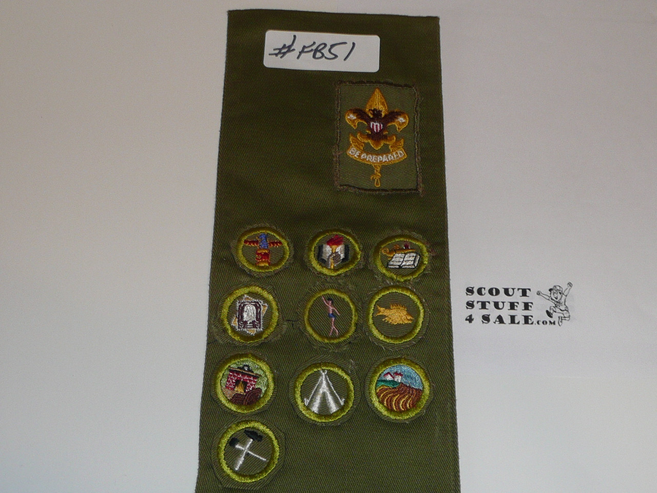 1950's Boy Scout Merit Badge Sash with 10 Khaki Crimped Merit Badges & a First Class Rank Patch, #FB51