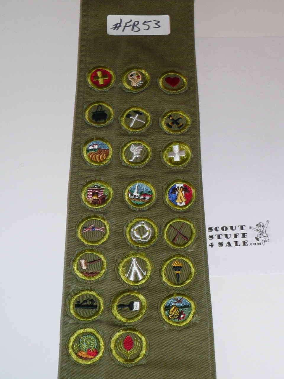 1950's Boy Scout Merit Badge Sash with 23 Khaki Crimped Merit Badges, #FB53