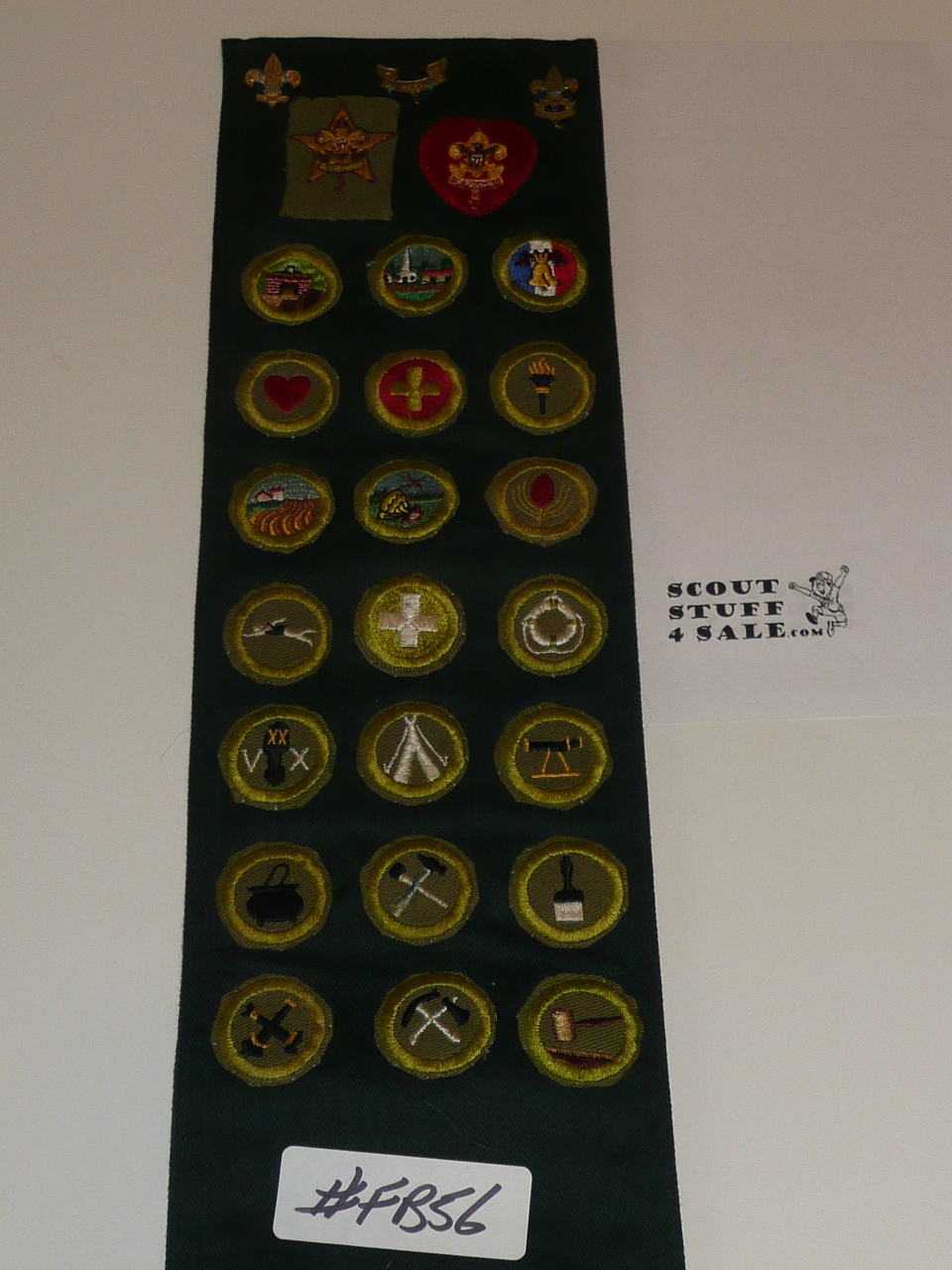 1950's Explorer Scout Merit Badge Sash with 21 Crimped Merit badges, 2 rank patches, Camp Irondale Felts, St. Louis Council Patches and some pins, #FB56