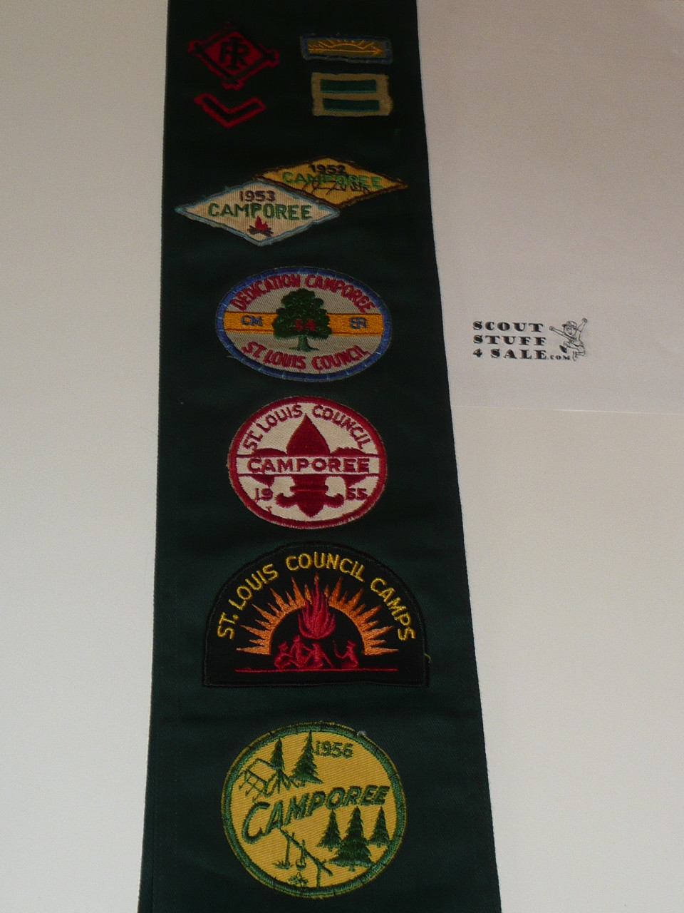 1950's Explorer Scout Merit Badge Sash with 21 Crimped Merit badges, 2 rank patches, Camp Irondale Felts, St. Louis Council Patches and some pins, #FB56