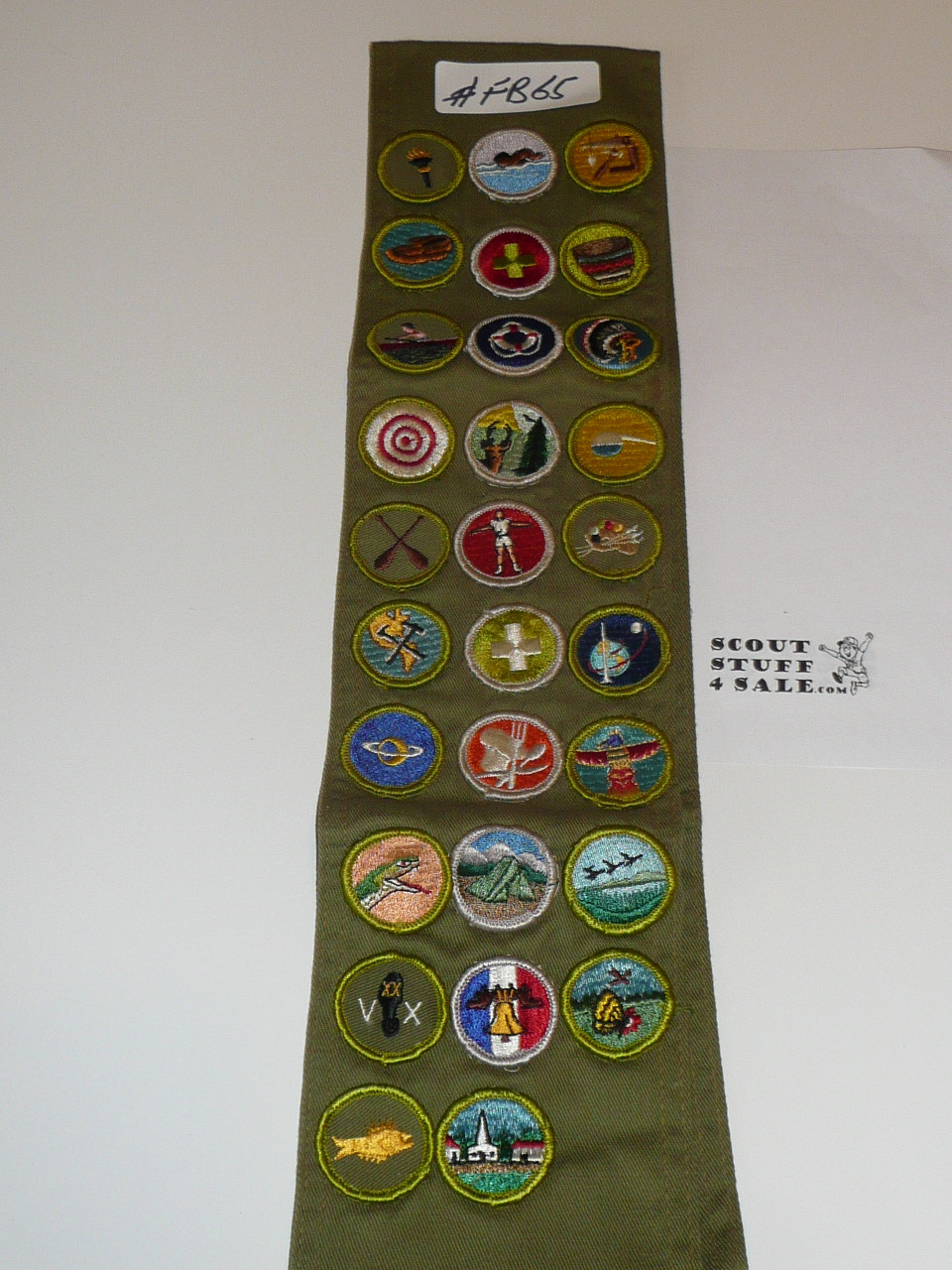 1960-70's Boy Scout Merit Badge Sash with 29 Rolled Edge Merit badges, #FB65