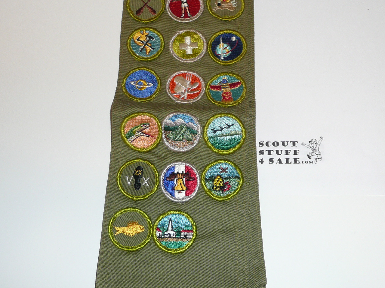 1960-70's Boy Scout Merit Badge Sash with 29 Rolled Edge Merit badges, #FB65