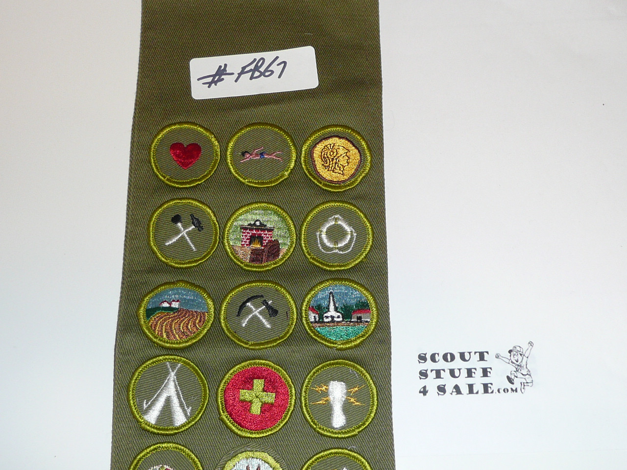 1960-70's Boy Scout Merit Badge Sash with 26 Rolled Edge Merit badges, #FB67