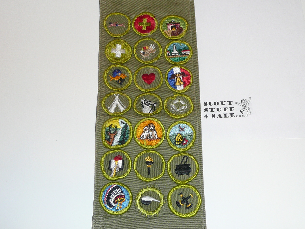 1960's Boy Scout Merit Badge Sash with 21 Rolled Edge Merit badges, #FB68