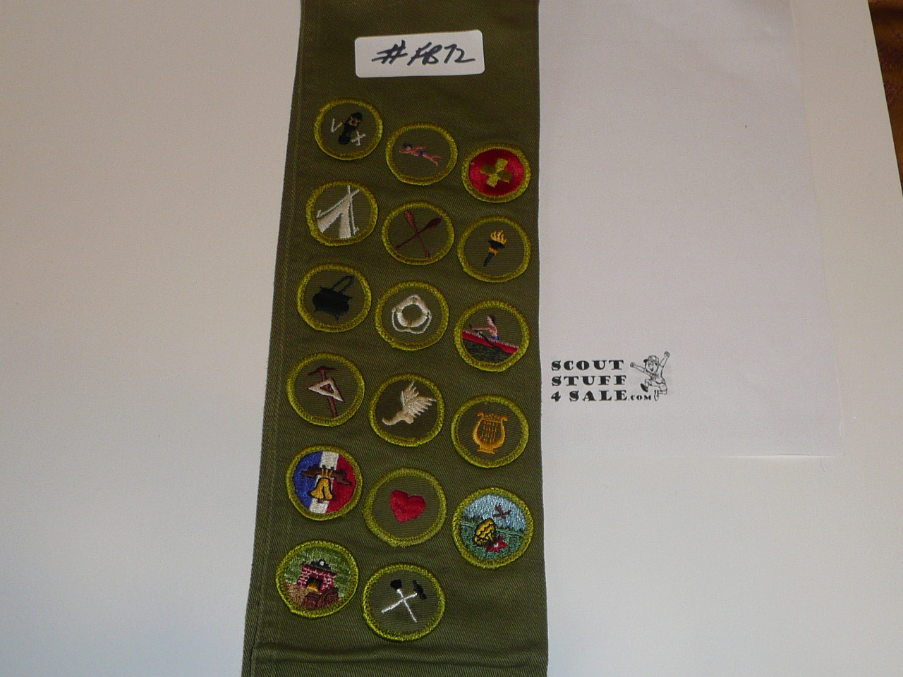 1960's Boy Scout Merit Badge Sash with 17 Rolled Edge Merit badges, #FB72