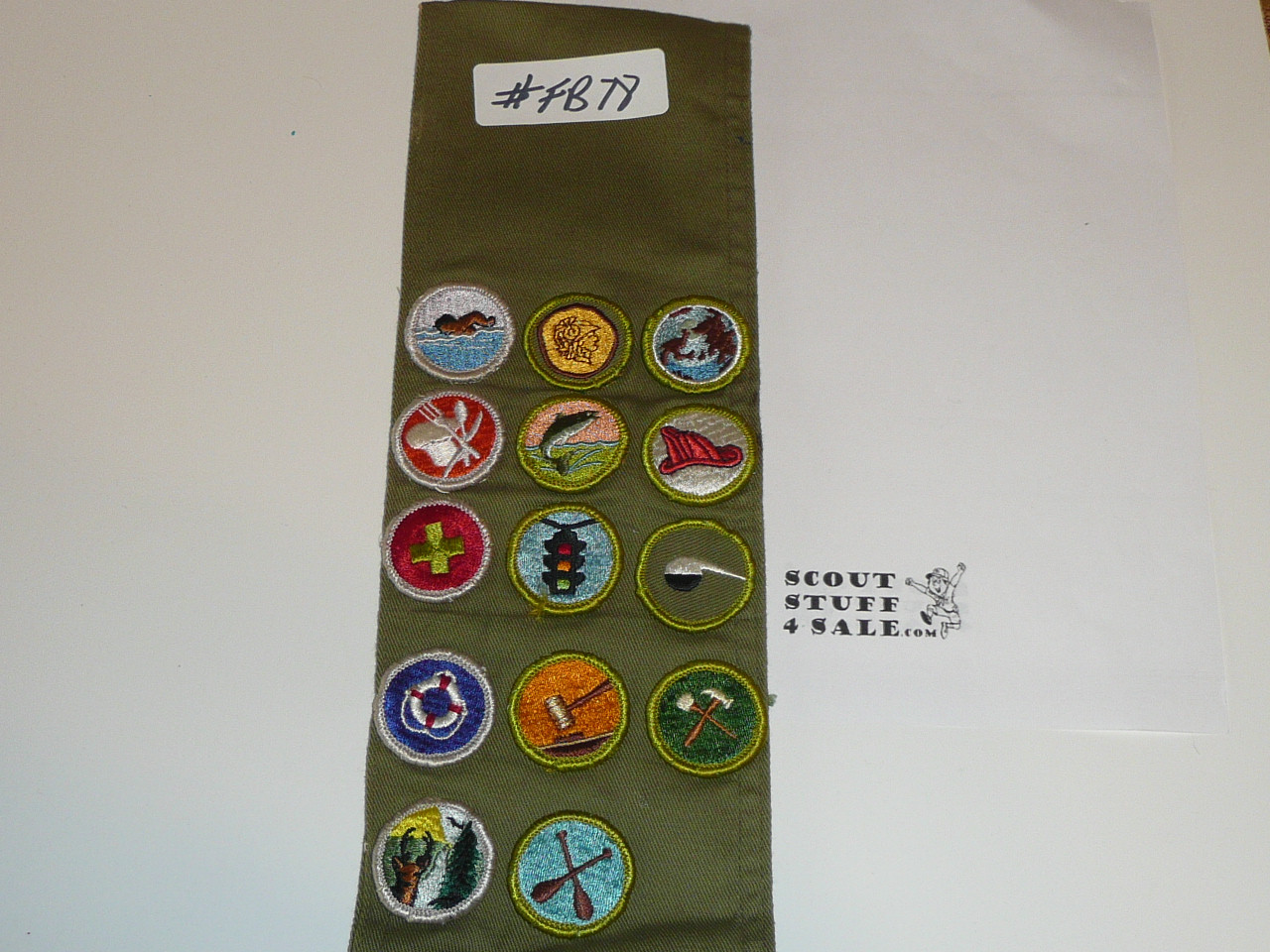 1970's Boy Scout Merit Badge Sash with 14 Rolled Edge Merit badges, #FB78