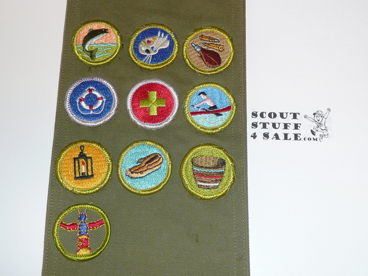 1970's Boy Scout Merit Badge Sash with 10 Rolled Edge Merit badges, #FB81