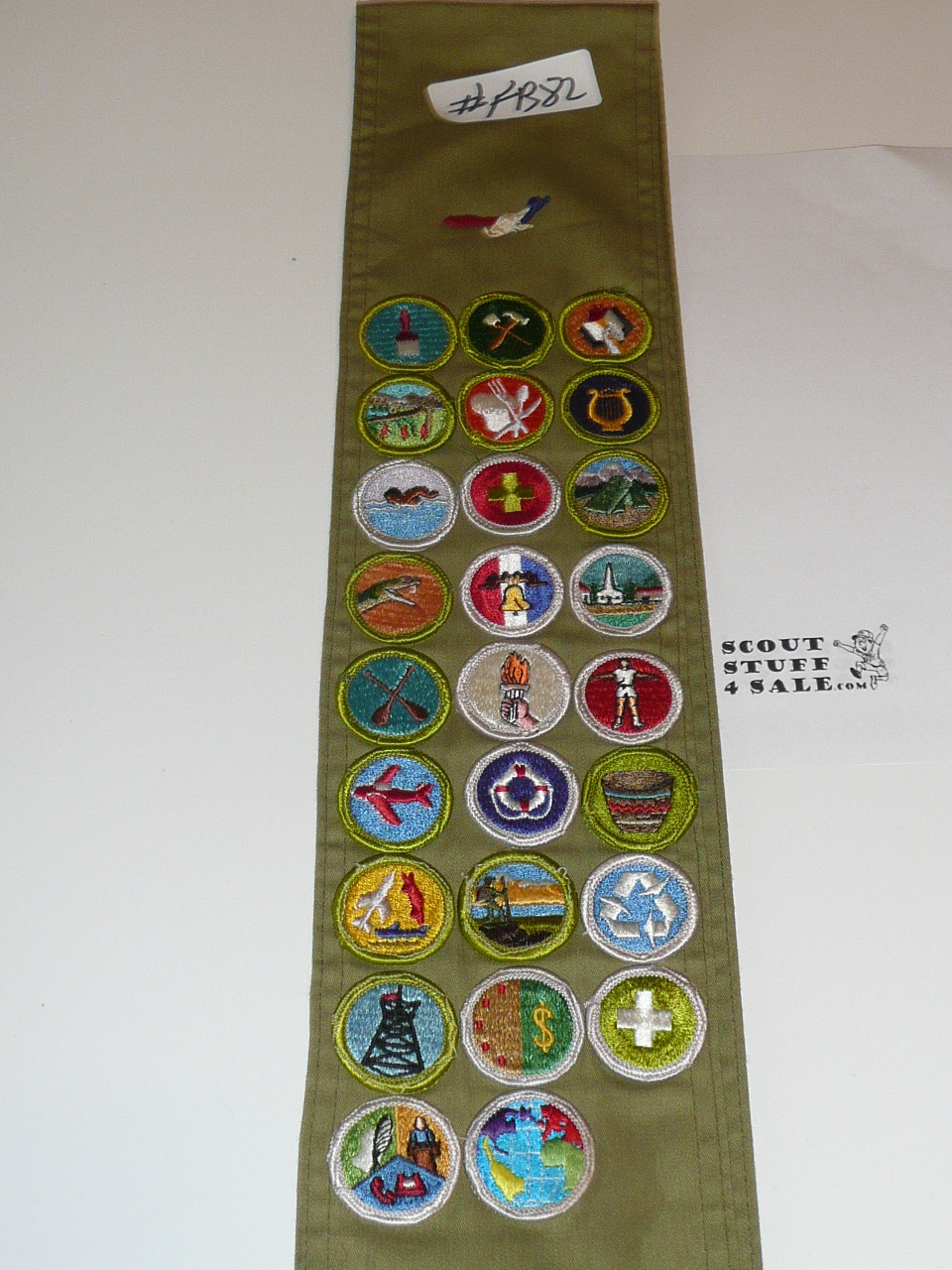 1970's Boy Scout Merit Badge Sash with 26 Rolled Edge Merit badges, #FB82