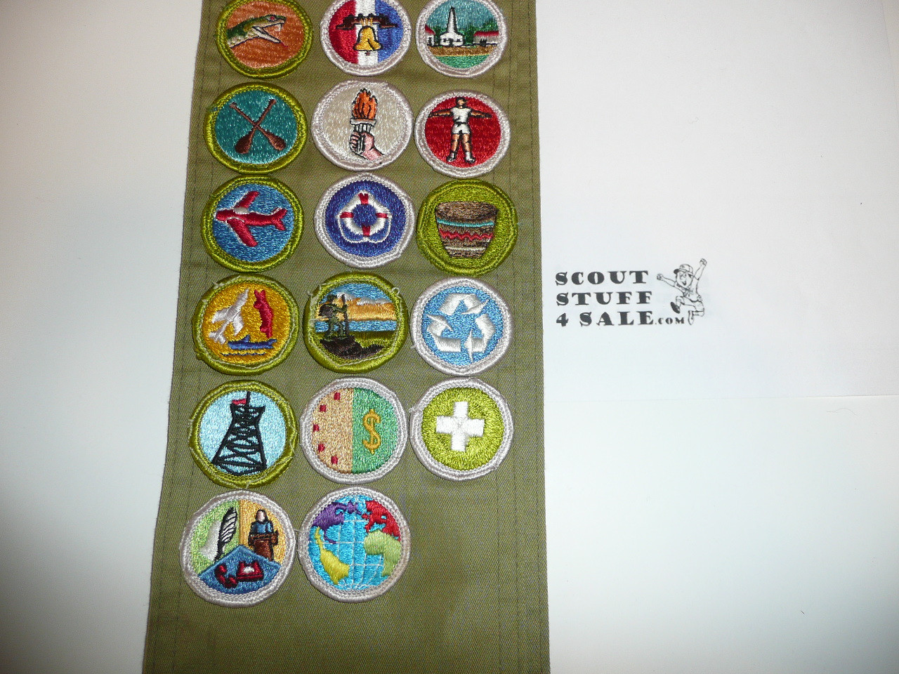 1970's Boy Scout Merit Badge Sash with 26 Rolled Edge Merit badges, #FB82