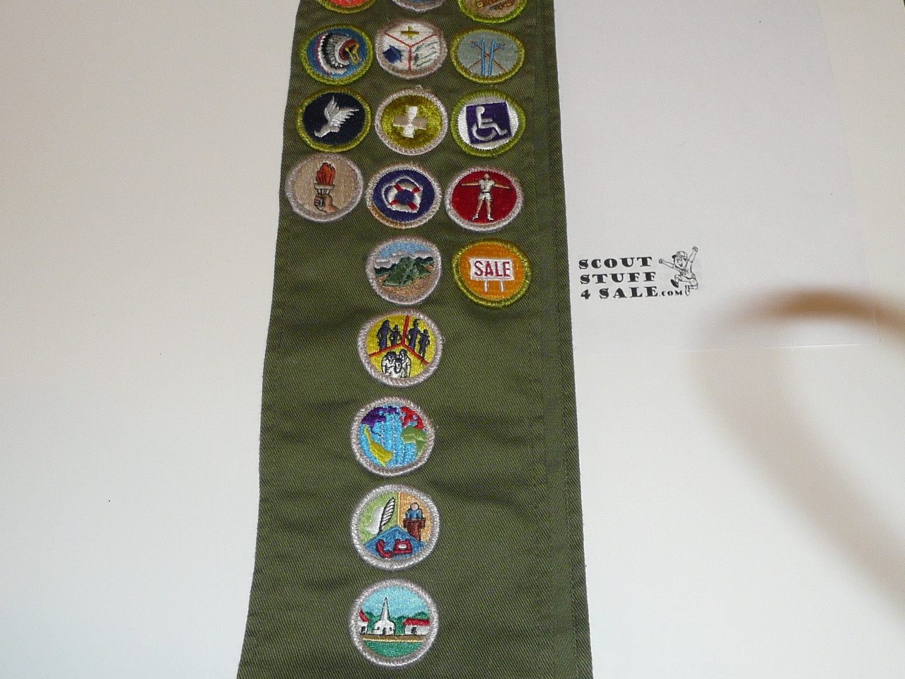 1980's Boy Scout Merit Badge Sash with 30 Rolled Edge Merit badges, #FB84