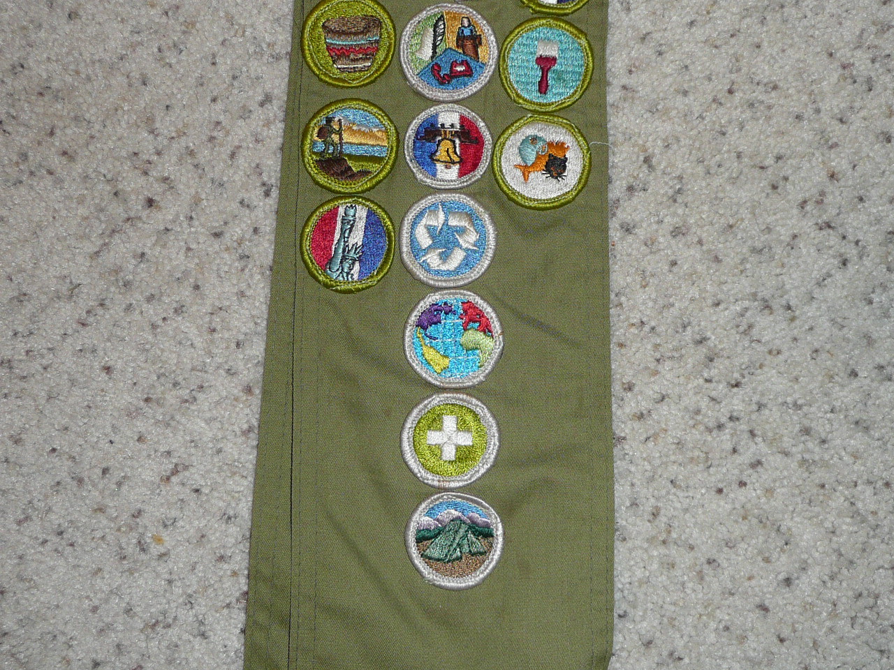 1970's Boy Scout Merit Badge Sash with 26 Rolled Edge Merit badges, #FB87