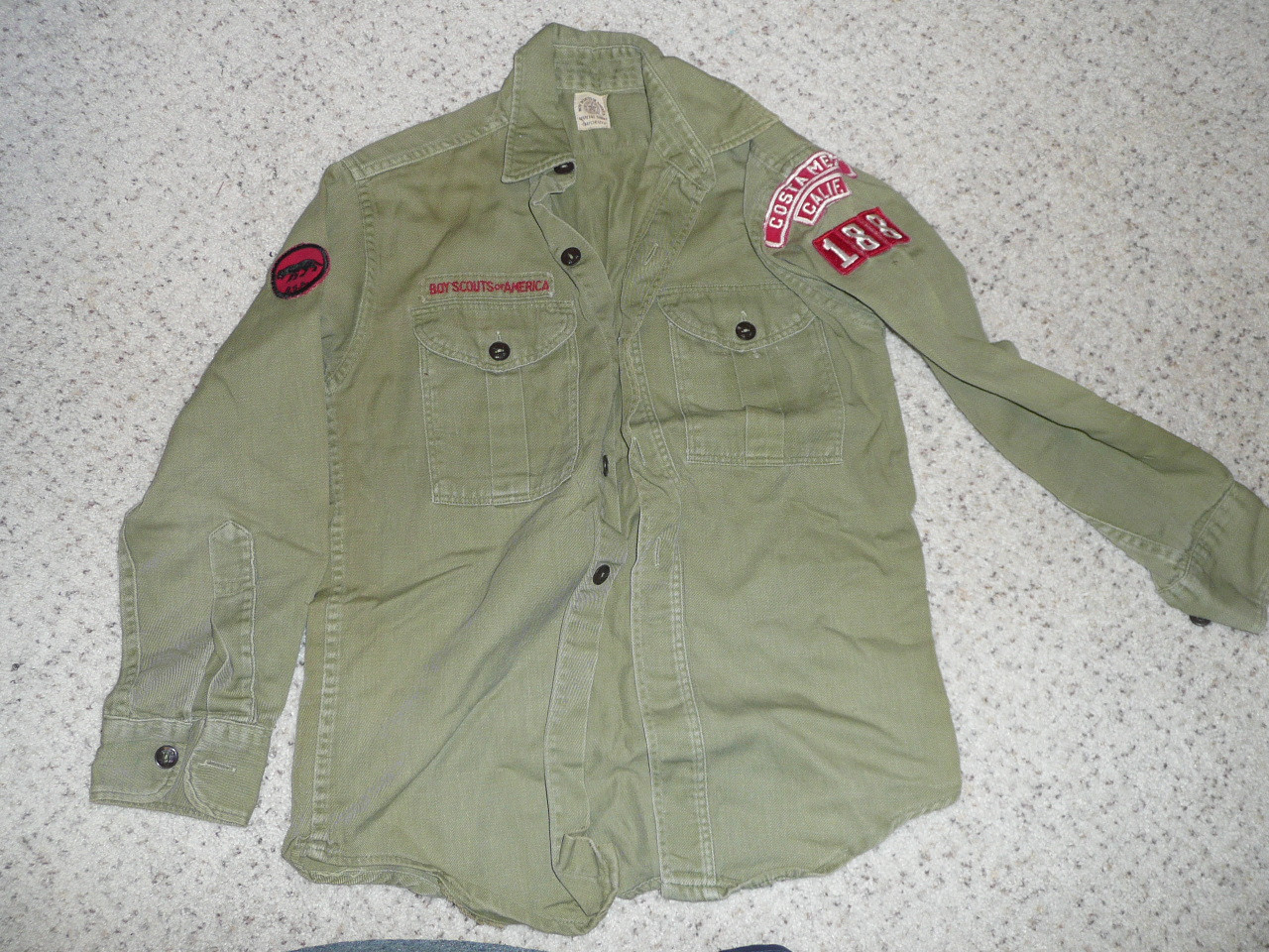 1960's Boy Scout Uniform Shirt with some patches and insignia from Costa Mesa CA, 17" Chest and 25" Length, #FB2