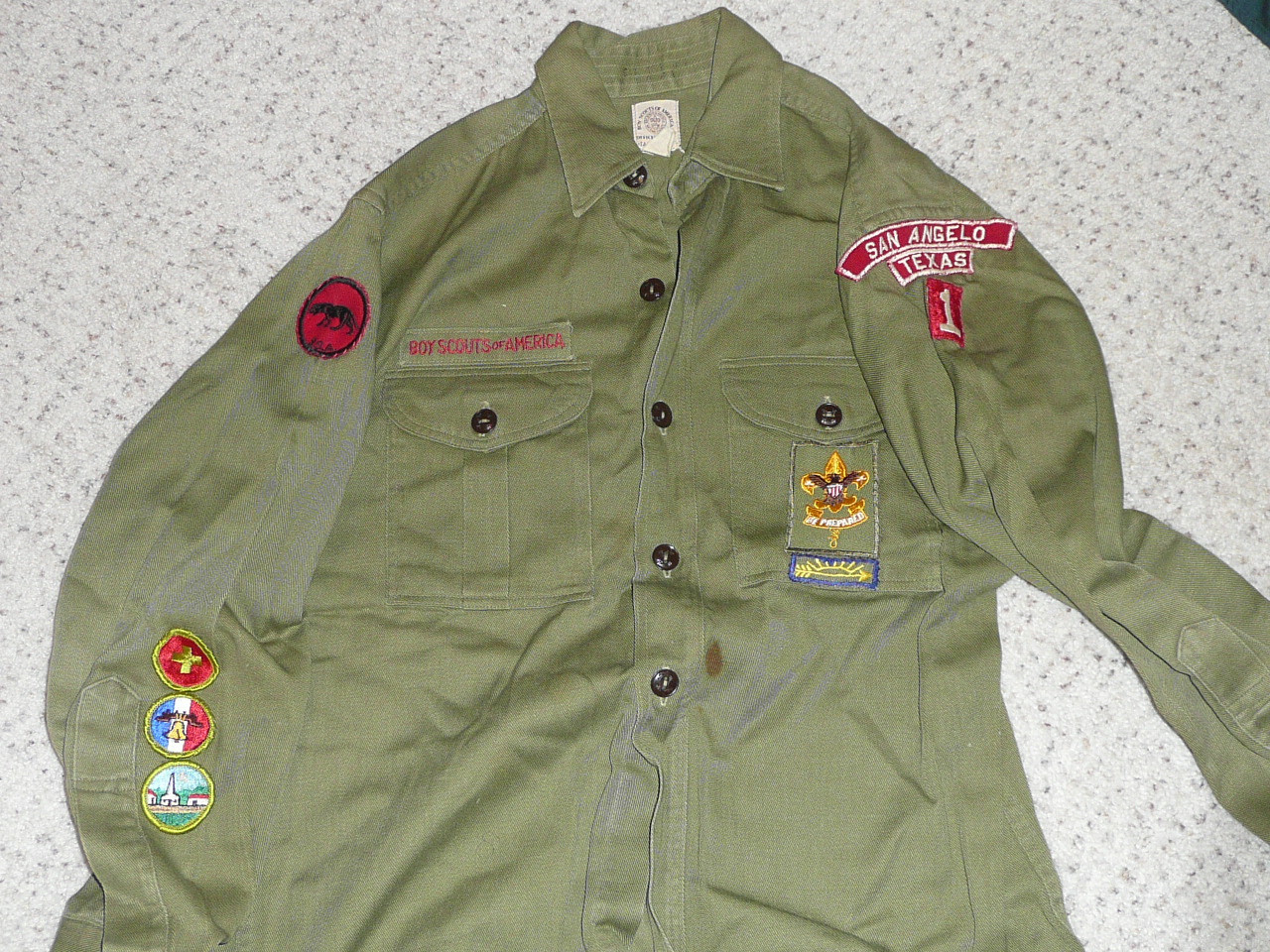 1960's Boy Scout Uniform Shirt with many patches and insignia from San Angelo TX, 19" Chest and 25" Length, #FB4