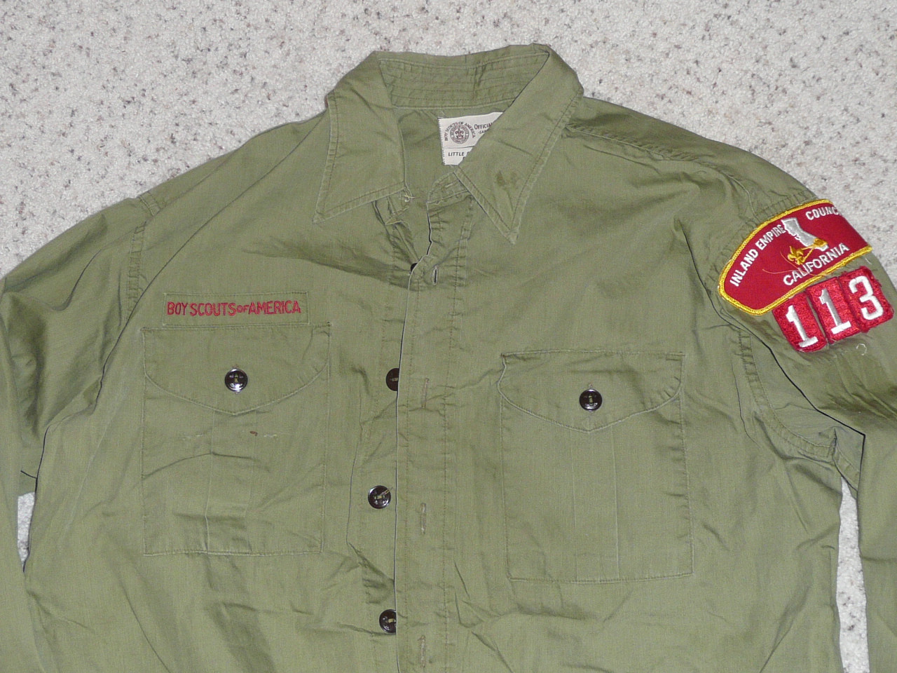 1970's Boy Scout Uniform Shirt with few patches from California Inland Empire, 23" Chest and 30" Length, #FB8