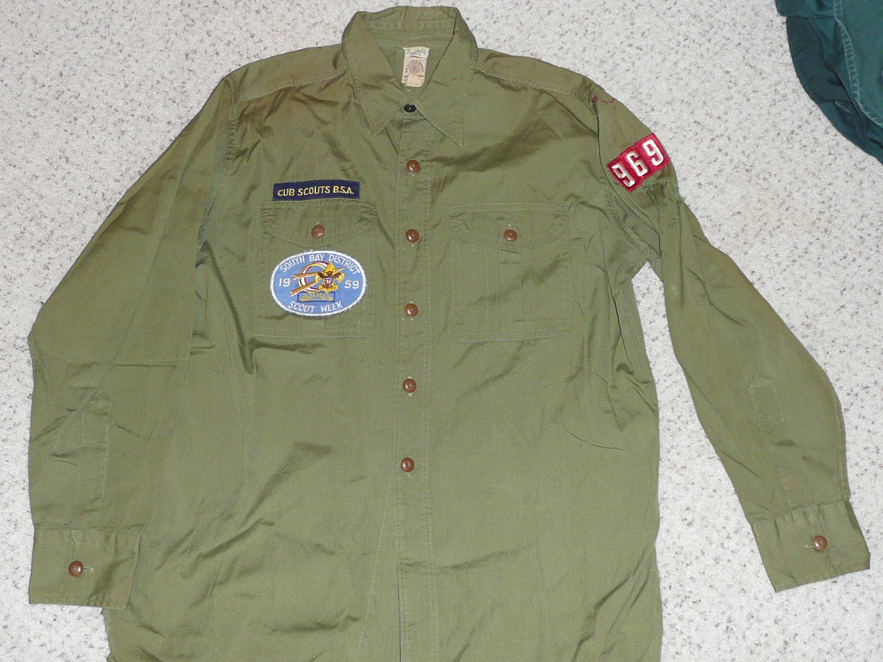 1950's Boy Scout Uniform Shirt with patches from Los Angeles Area Council, Poplin with better buttons, 23" Chest and 31" Length, #FB14