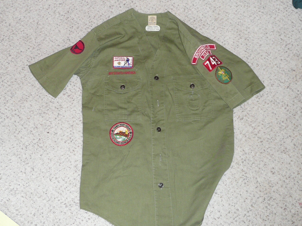 1960's Boy Scout Uniform Shirt 1964 Jamboree from Brownfeld TX, 20" Chest and 28.5" Length, #FB28