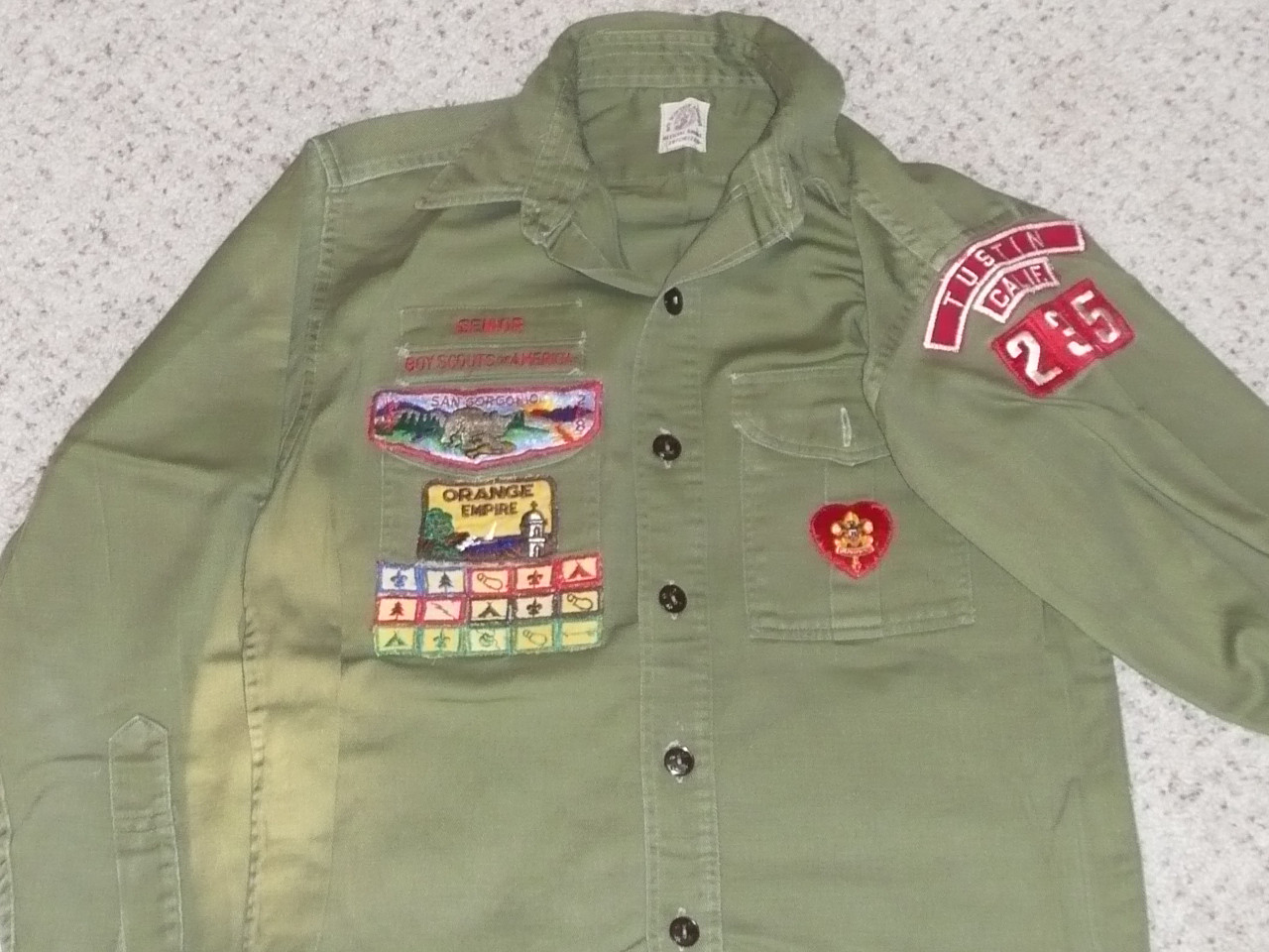 1960's Boy Scout Uniform Shirt with nice insignia (San Gorgonio #298) from Tustin CA, 19" Chest and 26" Length, #FB35