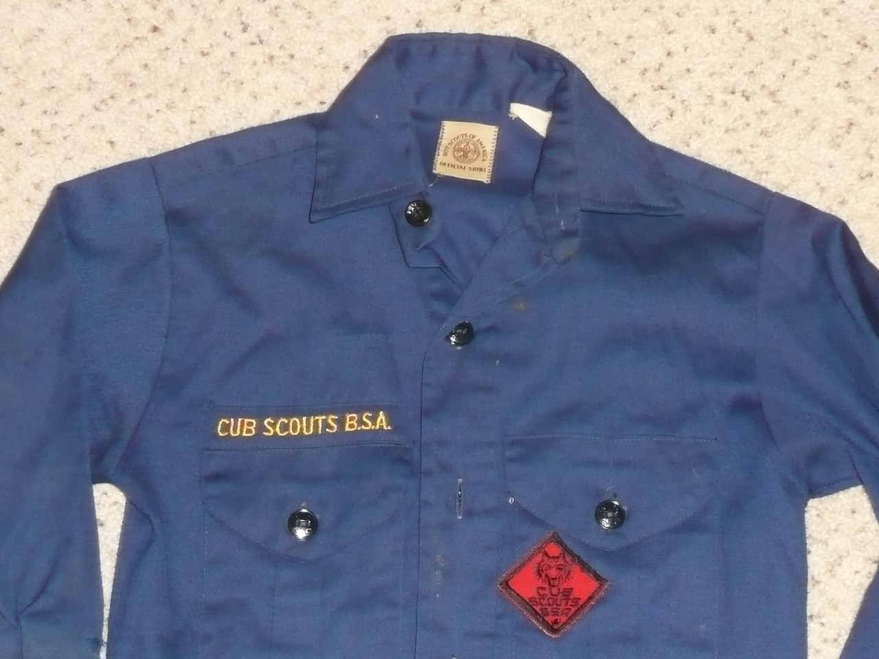 1970's Boy Scout Cub Uniform Shirt, small tear in sleeve, 14" chest 22" length, #FB89